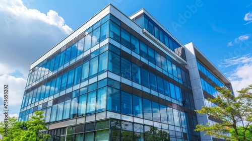 Glass fronted contemporary office building with a backdrop of a blue sky. Wall made of transparent glass at an office complex