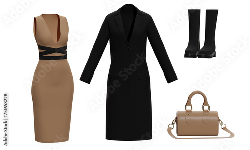 Set of women business clothes with black coat, dress, boots and beige bag isolated on white background. 3d rendering   