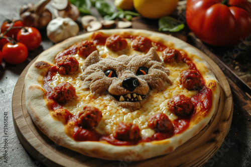 A pizza with a werewolf made of cheese and meatballs