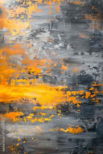 Vertical Abstract art, modern painting, gray and orange wall art.