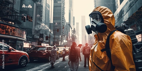 People using bio hazard suits on city streets due to pollution and bad air quality