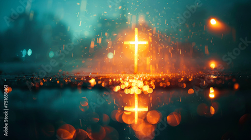 Urban Faith  Illuminated Cross in Rainy Cityscape