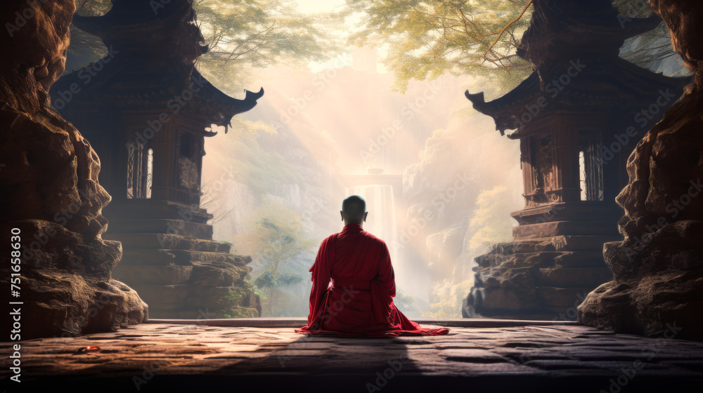 Fototapeta premium A solitary monk in meditation with a serene temple scene