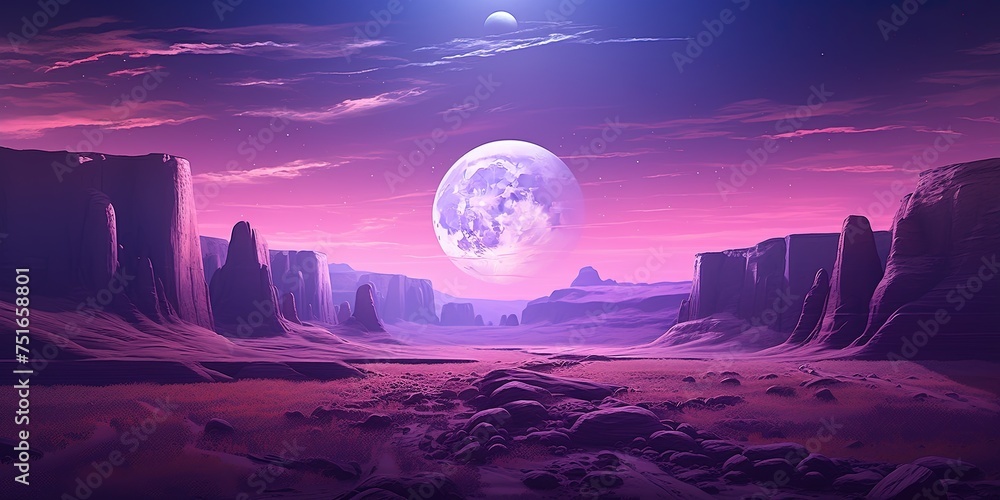 Digital art of a mystical purple landscape featuring towering cliffs and a large moon - obrazy, fototapety, plakaty 