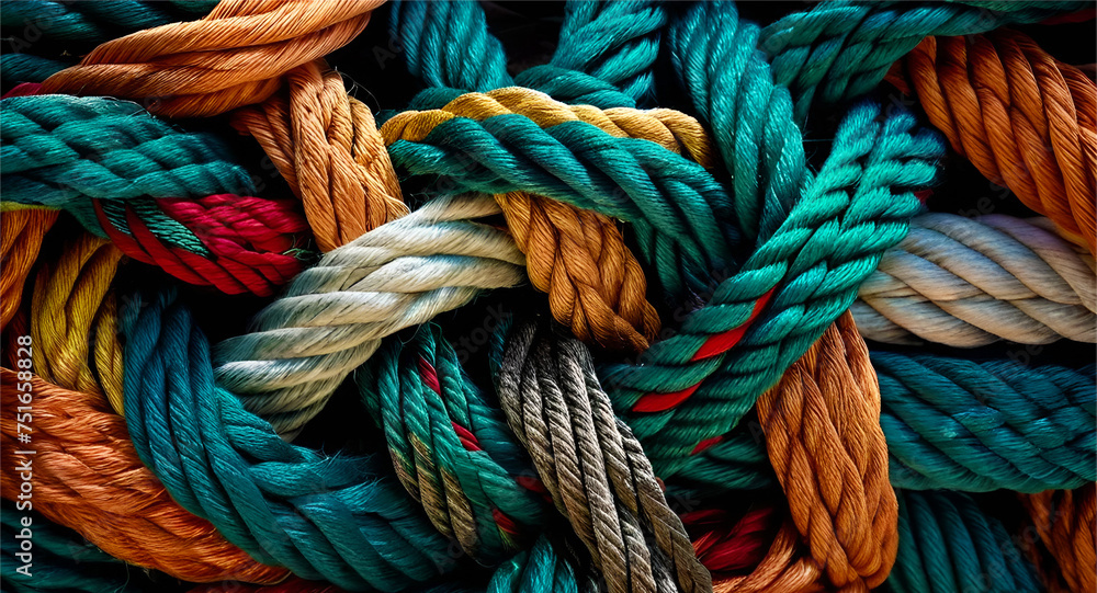 Tightly woven multi colored rope. Team rope diverse strength