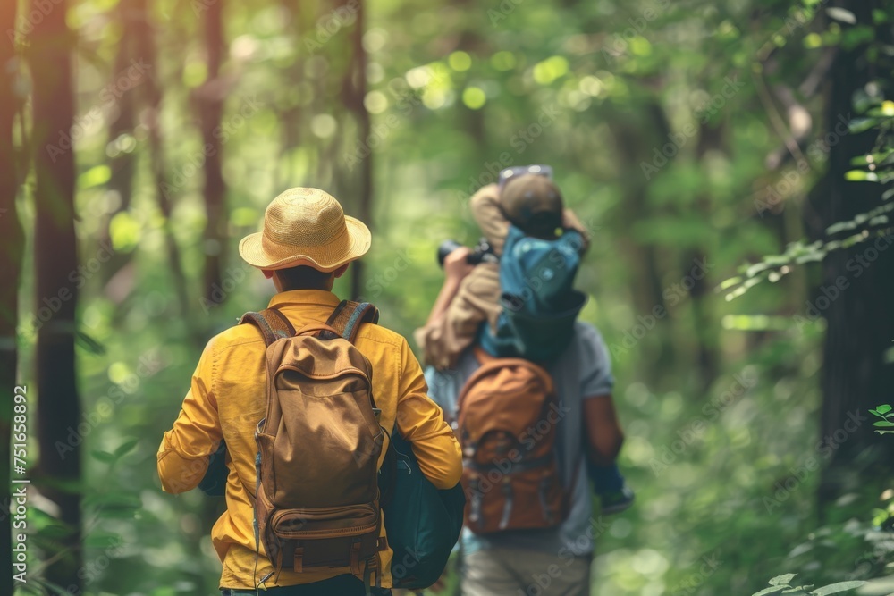 adult hikers and a child watching nature through binoculars in the forest.