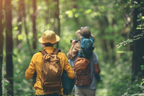 adult hikers and a child watching nature through binoculars in the forest.