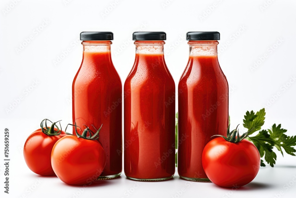 Bottles of fresh red tomato juice on a white background isolated Bottles of fresh red tomato juice on a white background isolated