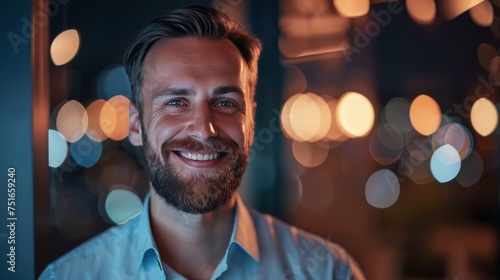 Close up headshot Caucasian adult man professional businessman manager CEO agent stand in evening night office smiling 40s millennial happy male portrait bearded face businessperson looking at camera