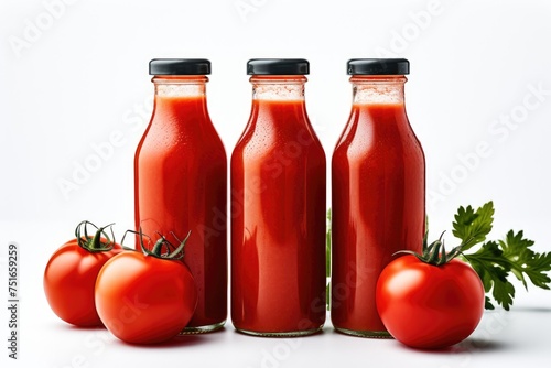 Bottles of fresh red tomato juice on a white background isolated