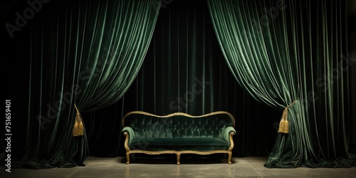 Velvet emerald curtains tied back with gold trim opening to reveal stylish dark interior photo