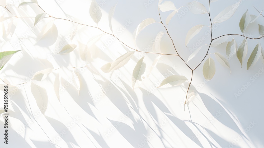 Fototapeta premium abstract leaves shadow sunlight on white wall background. natural leaves on wall. Minimal background