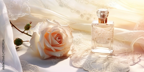 Perfume bottle next to a white rose against a soft lace background diffusing sunlight
