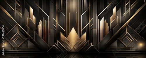 Abstract art deco. Great Gatsby 1920s geometric architecture background. Retro vintage black, gold, and silver roaring 20s texture