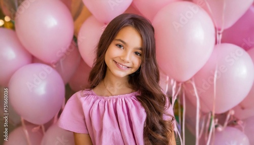 Portrait of attractive young girl in pink dress against background of pink helium party balloons. Birthday party
