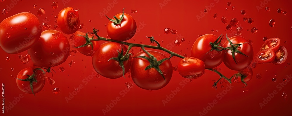 Lots of fresh tomatoes fly on red background Lots of fresh tomatoes fly on red background