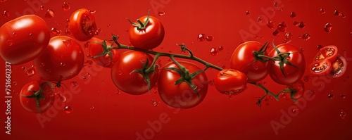 Lots of fresh tomatoes fly on red background © Sanych