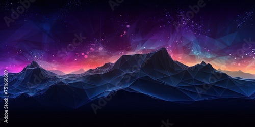 Abstract cyberspace landscape with mountains connected with lines in low poly style