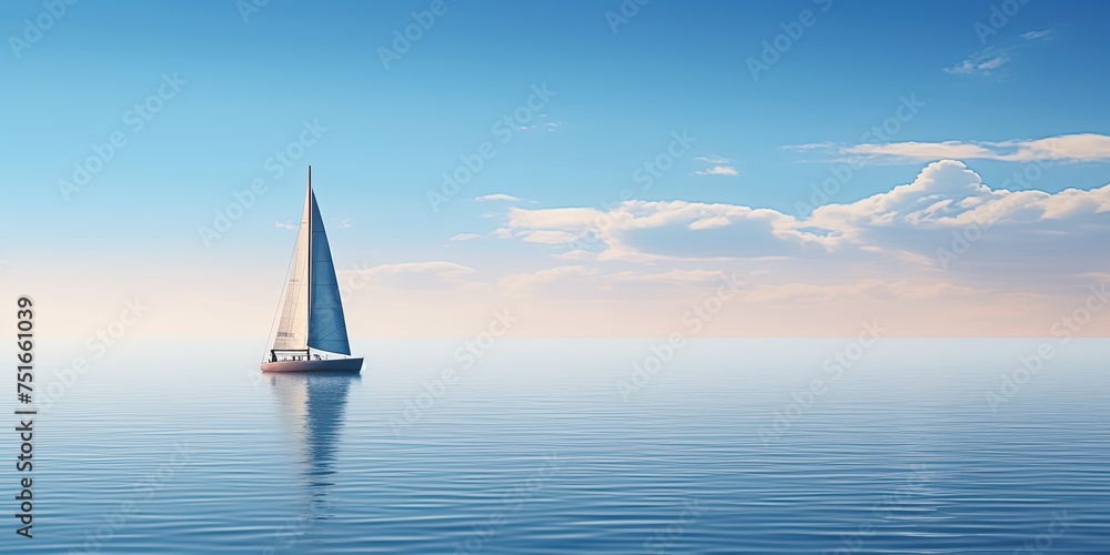 Tranquil scene of a solitary sailboat on a calm blue ocean under a clear sky with horizon in the distance