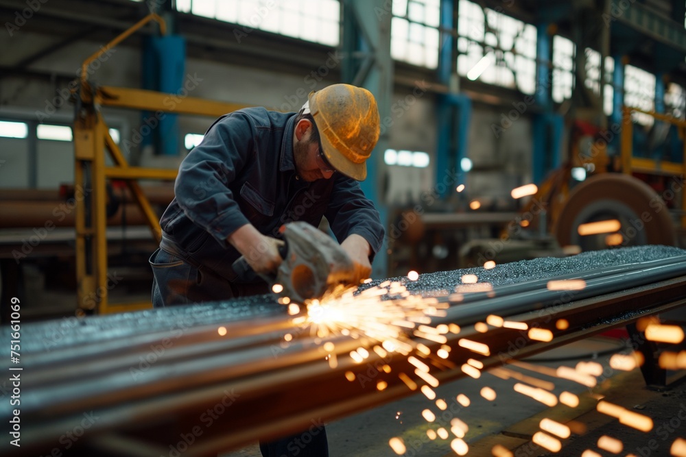 industrial worker using angle grinder and cutting metal pipe, protective clothing and helmets. industrial worker using angle grinder and cutting metal pipe, protective clothing and helmets.