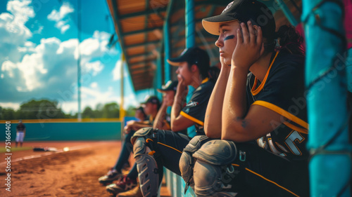 Closeup photo of a softball players mourning a defeat in a championship game in the afternoon photo