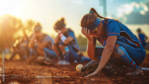 Closeup photo of a softball players mourning a defeat in a championship game in the afternoon photo