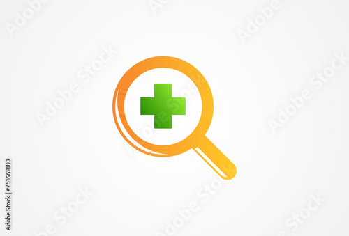Medical Search logo template. Health Analysis Symbol. Minimalist magnifying glass and Cross Icon usable for Hospital, Clinic, Medic, Research, Solution, inspiration, Analysis, Finder