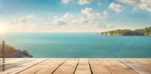 Empty Wooden Table with Sunny Sea