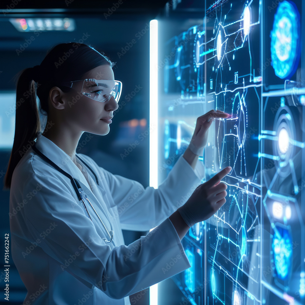 Clinical trials. Young doctor scientist works with a virtual screen. Augmented Reality, woman in lab coat. Clinical trials. Young doctor scientist works with a virtual screen. Augmented Reality, woman in lab coat.