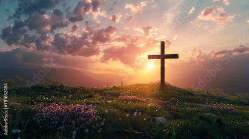 Wooden cross on a hill with sunset background
