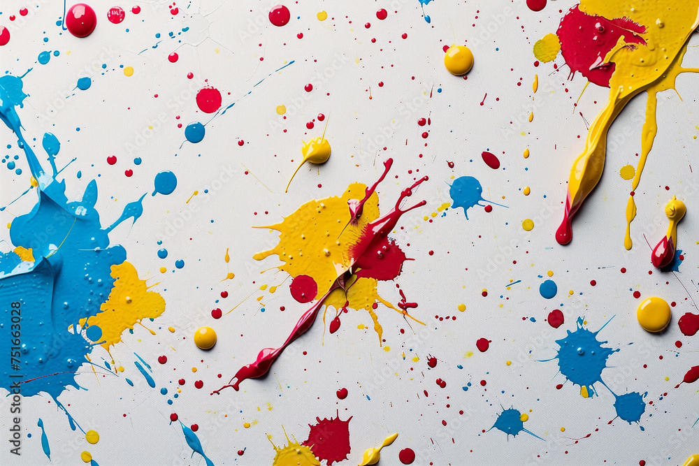 Craft a mottled background that reflects the chaotic beauty of a paint splatter art piece, with bold and unexpected color combinations splashed across a white canvas