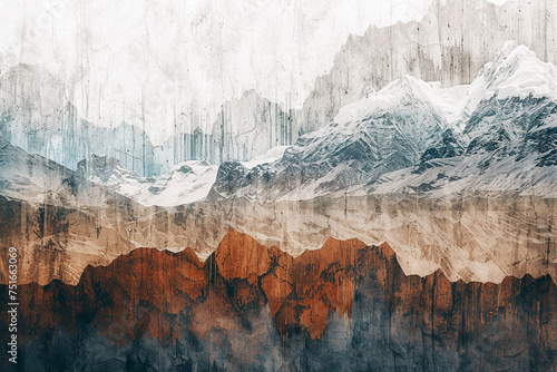 Craft a mottled background that reflects the dizzying heights and depths of a mountainous landscape, with rugged textures and a palette that transitions from earthy browns to snow-capped whites