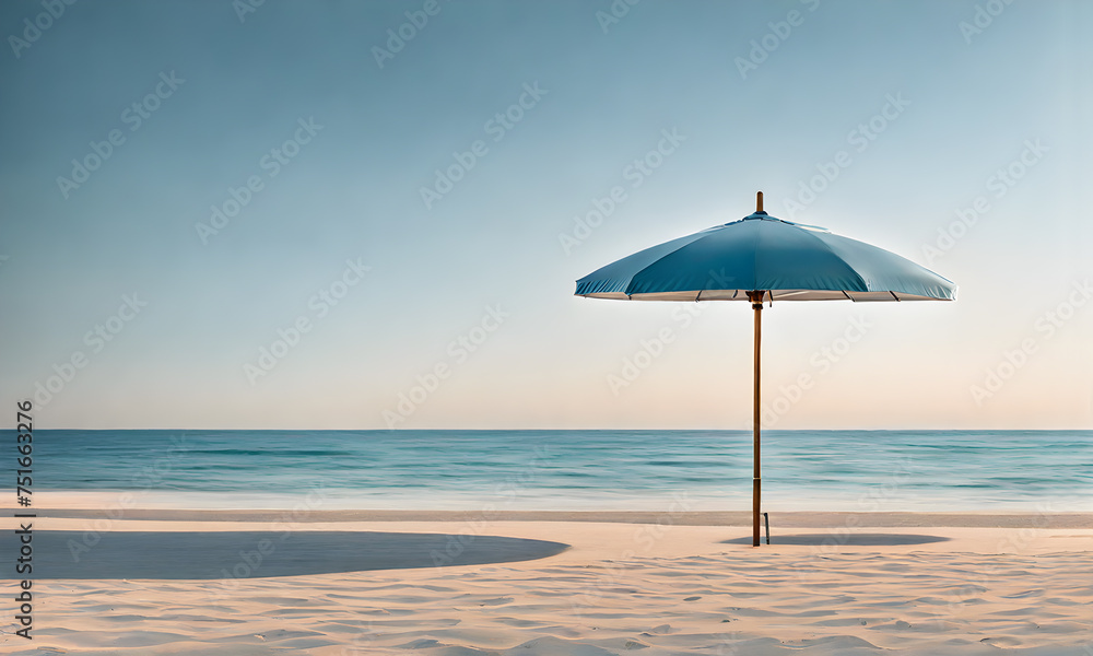 Single Beach Umbrella Casting Long Shadow Over Pristine White Sand