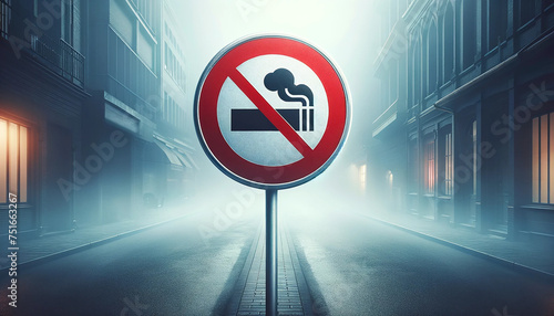 A do not smoke sign standing on the background of a foggy street