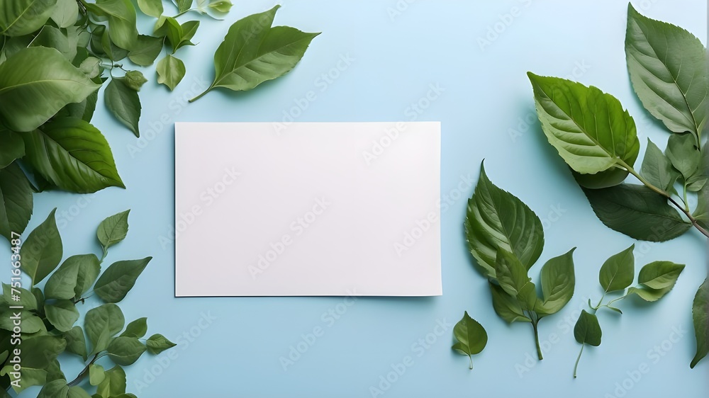 Mockup card religious greetings background sky blue table paper top greeting view stationery. Card blank postcard mockup gift mock flatlay design green leaves happy desk template composition - obrazy, fototapety, plakaty 