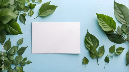 Mockup card religious greetings background sky blue table paper top greeting view stationery. Card blank postcard mockup gift mock flatlay design green leaves happy desk template composition