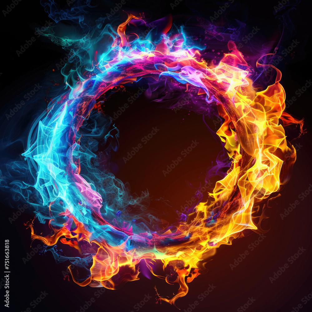 Fire blazing ring engulfed in multi-colored fire and colored plasma. A fantastic illustration of magic portal, frame - obrazy, fototapety, plakaty 