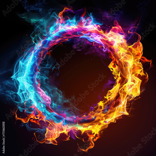 Fire blazing ring engulfed in multi-colored fire and colored plasma. A fantastic illustration of magic portal, frame
