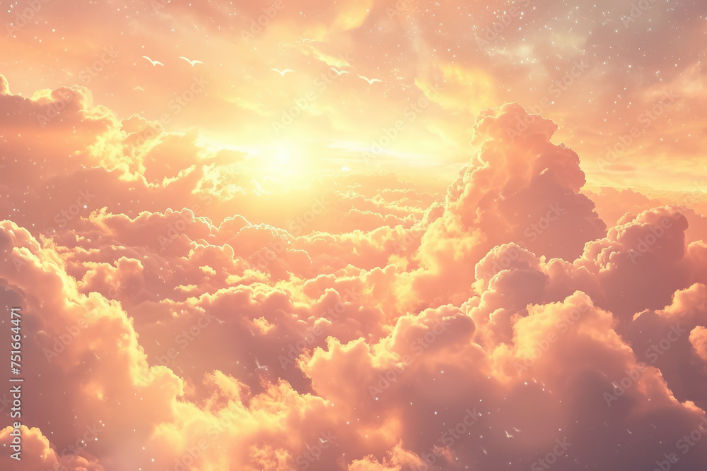 Design a dreamy and ethereal backdrop with floating clouds and a golden sunset