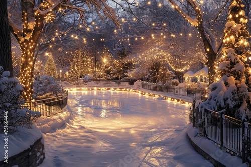Create a winter wonderland with snow-covered trees and a glistening ice rink © Formoney