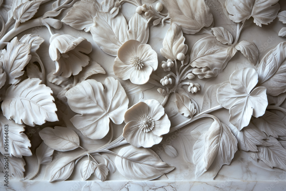Design a relief sculpture inspired by nature, with intricate details of leaves and flowers Design a relief sculpture inspired by nature, with intricate details of leaves and flowers