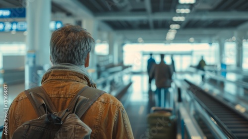 back view of young man with backpack waiting for boarding at airport