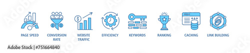 Website optimization banner web icon set vector illustration concept with icon of page speed, conversion rate, website traffic, efficiency, keywords, ranking, caching, link building