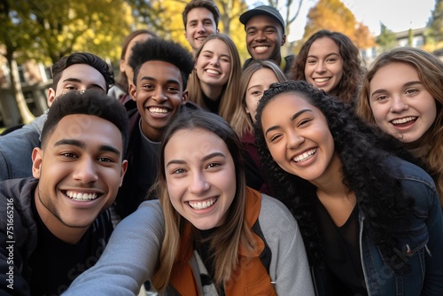 group of multicultural students gather together, taking a joyful selfie and flashing their radiant smiles,