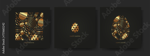 Easter card set in black and gold colors. Vector illustration