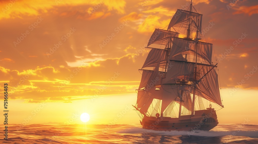 A hyper-realistic image of a tall ship sailing on the high seas at sunset, with its sails fully unfurled