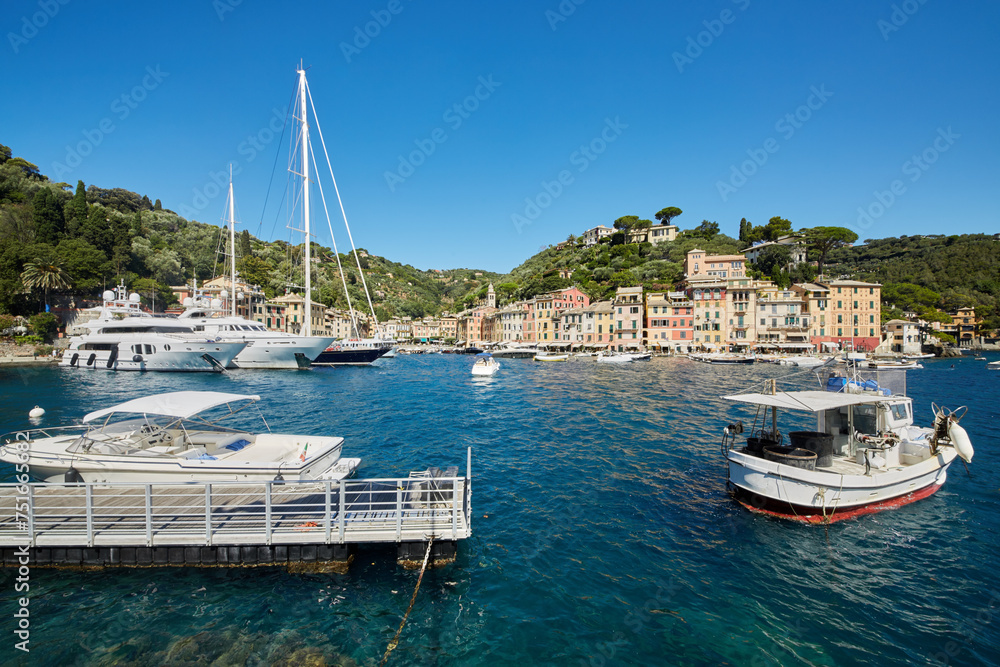 View of Portofino in Liguria, famous Mediterranean sea town at the Italian Riviera