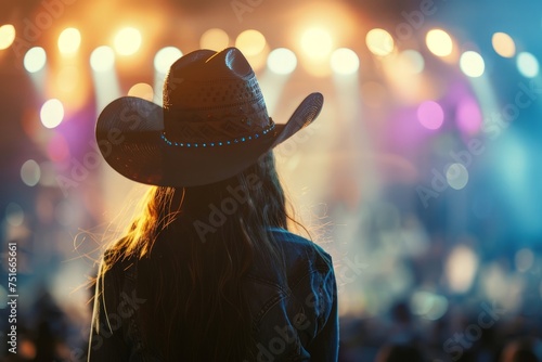 Woman in Cowboy Hat Enjoying Outdoor Music Concert at Night