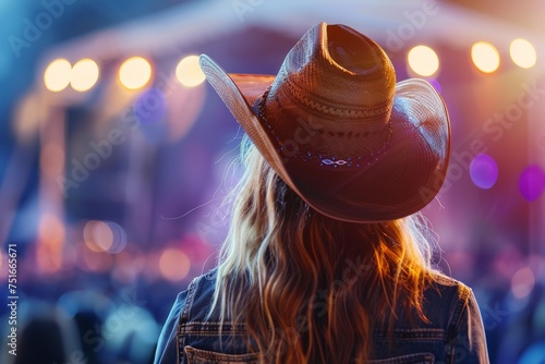 A woman dressed in a cowboy hat is seen enjoying a concert, surrounded by a crowd of people, under bright concert lights.