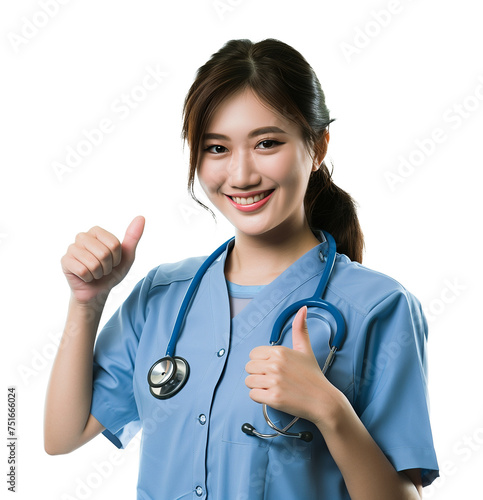 Pretty Female Asian Nurse Thumbs Up Isolated on Transparent Background
